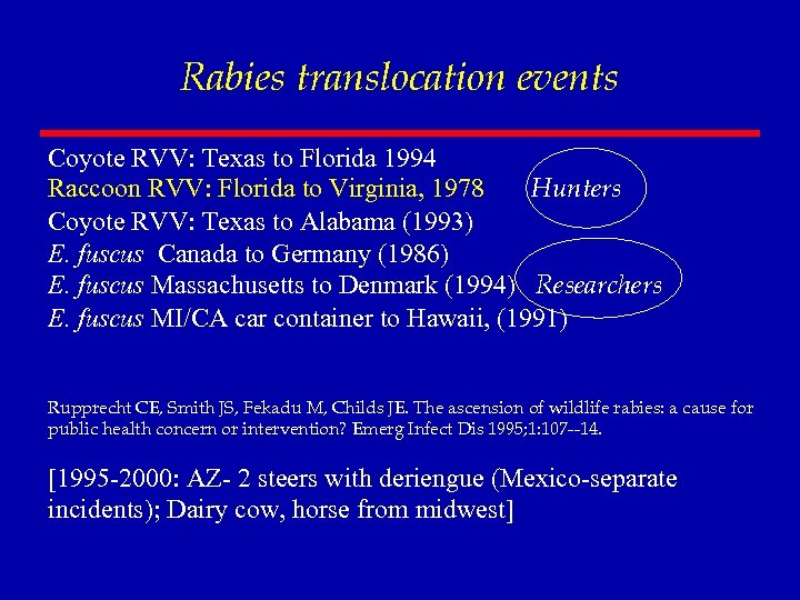Rabies translocation events Coyote RVV: Texas to Florida 1994 Raccoon RVV: Florida to Virginia,