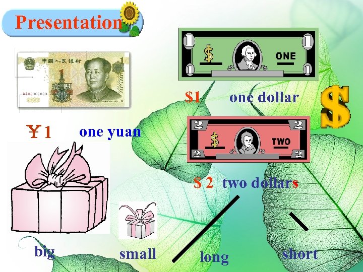 Presentation $1 ￥ 1 one dollar one yuan $ 2 two dollars big small