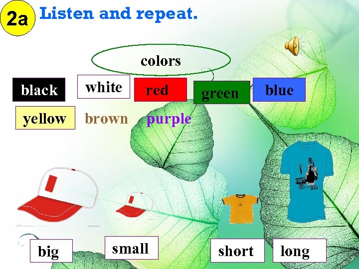 2 a Listen and repeat. colors black white red yellow brown purple big small