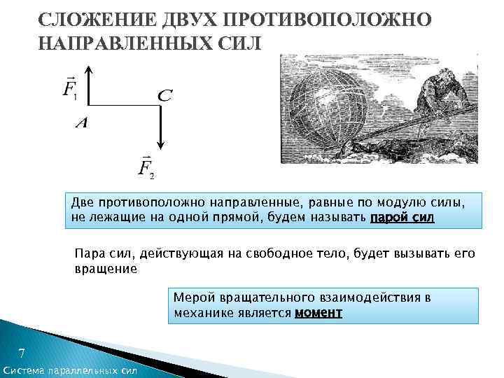 СЛОЖЕНИЕ ДВУХ ПРОТИВОПОЛОЖНО НАПРАВЛЕННЫХ СИЛ Две противоположно направленные, равные по модулю силы, не лежащие