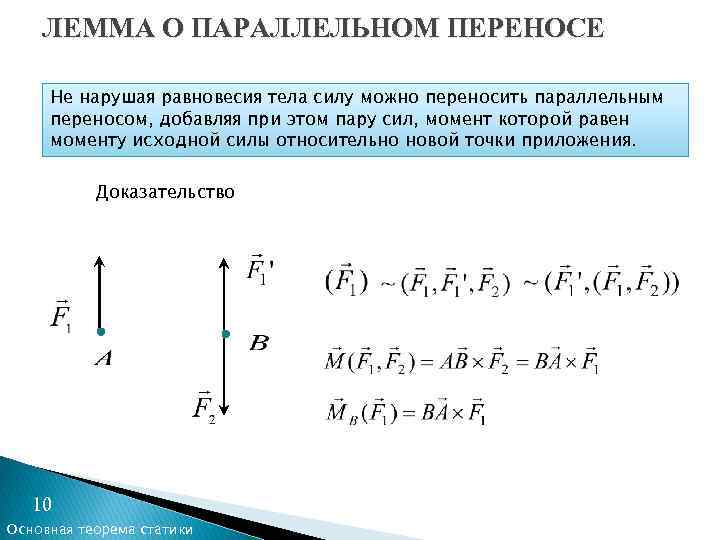 ЛЕММА О ПАРАЛЛЕЛЬНОМ ПЕРЕНОСЕ Не нарушая равновесия тела силу можно переносить параллельным переносом, добавляя