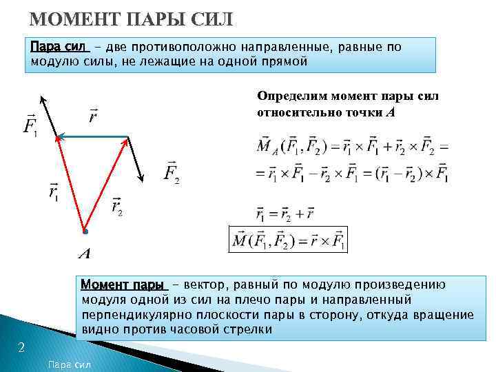 МОМЕНТ ПАРЫ СИЛ Пара сил - две противоположно направленные, равные по модулю силы, не