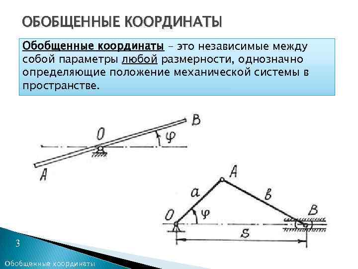ОБОБЩЕННЫЕ КООРДИНАТЫ Обобщенные координаты – это независимые между собой параметры любой размерности, однозначно определяющие