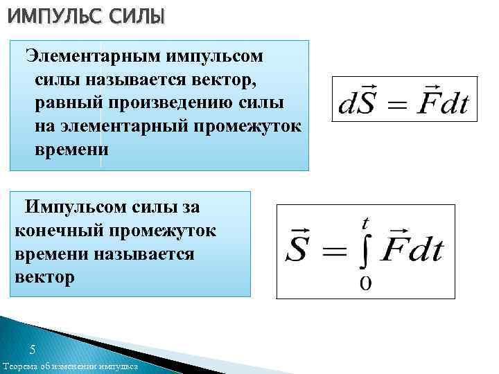 ИМПУЛЬС СИЛЫ Элементарным импульсом силы называется вектор, равный произведению силы на элементарный промежуток времени
