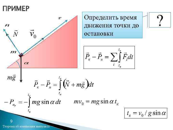 ПРИМЕР 9 Теорема об изменении импульса Определить время движения точки до остановки ? 
