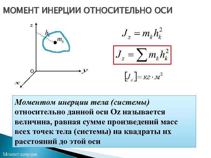 МОМЕНТ ИНЕРЦИИ ОТНОСИТЕЛЬНО ОСИ z O Моментом инерции тела (системы) относительно данной оси Oz