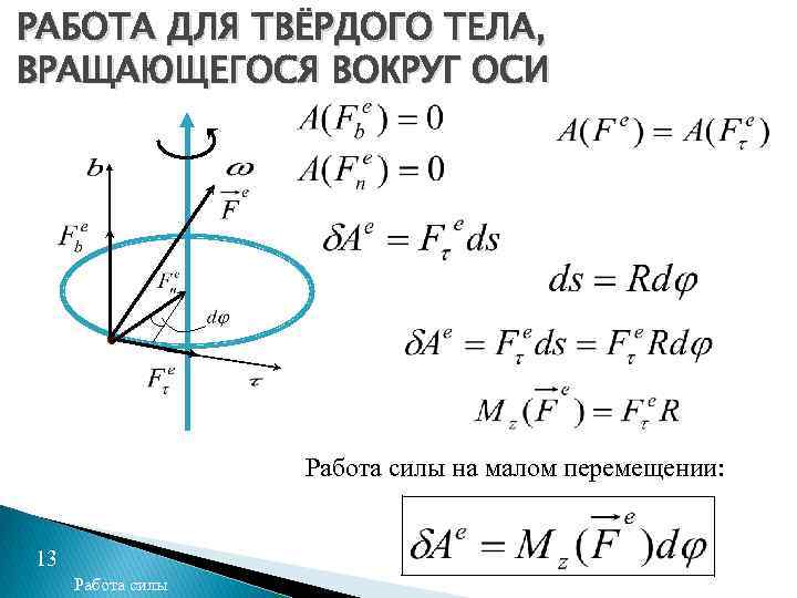 РАБОТА ДЛЯ ТВЁРДОГО ТЕЛА, ВРАЩАЮЩЕГОСЯ ВОКРУГ ОСИ Работа силы на малом перемещении: 13 Работа
