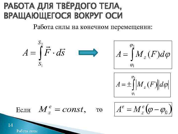 РАБОТА ДЛЯ ТВЁРДОГО ТЕЛА, ВРАЩАЮЩЕГОСЯ ВОКРУГ ОСИ Работа силы на конечном перемещении: Если 14