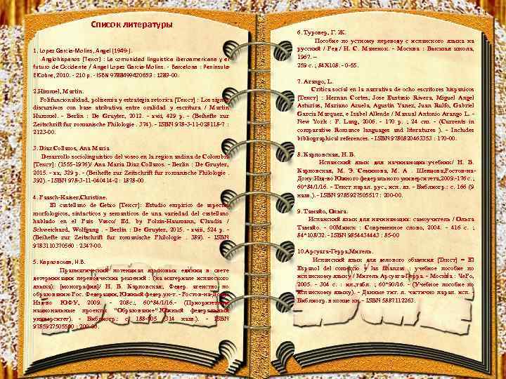 Список литературы 1. Lopez Garcia-Molins, Angel (1949 -). Anglohispanos [Текст] : La comunidad linguistica