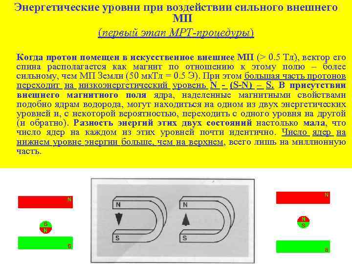 Энергетические уровни при воздействии сильного внешнего МП (первый этап МРТ-процедуры) Когда протон помещен в