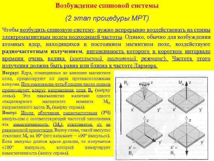 Возбуждение спиновой системы (2 этап процедуры МРТ) Чтобы возбудить спиновую систему, нужно непрерывно воздействовать