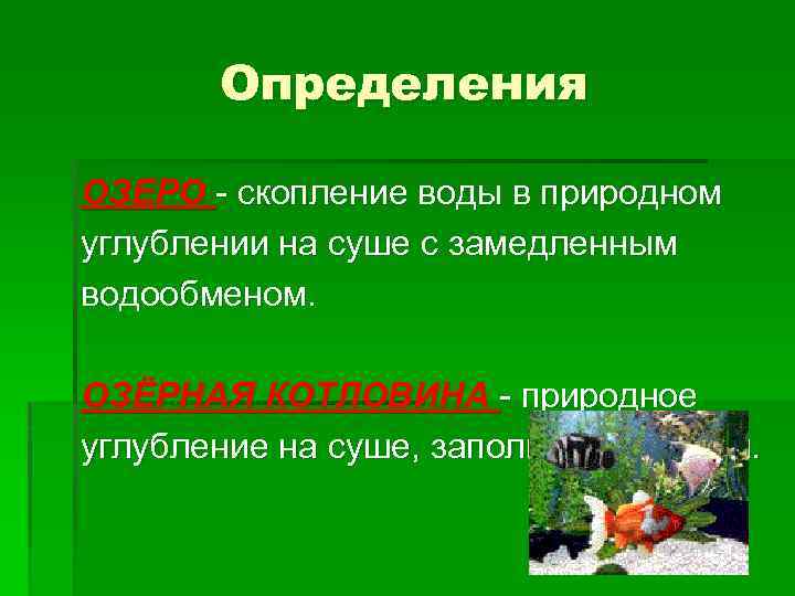 Определения ОЗЕРО - скопление воды в природном углублении на суше с замедленным водообменом. ОЗЁРНАЯ