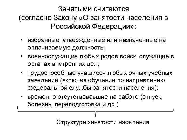 Занятыми считаются (согласно Закону «О занятости населения в Российской Федерации» : • избранные, утвержденные