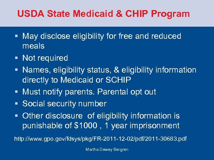 USDA State Medicaid & CHIP Program § May disclose eligibility for free and reduced