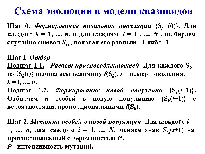 Схема эволюции в модели квазивидов Шаг 0. Формирование начальной популяции {Sk (0)}. Для каждого