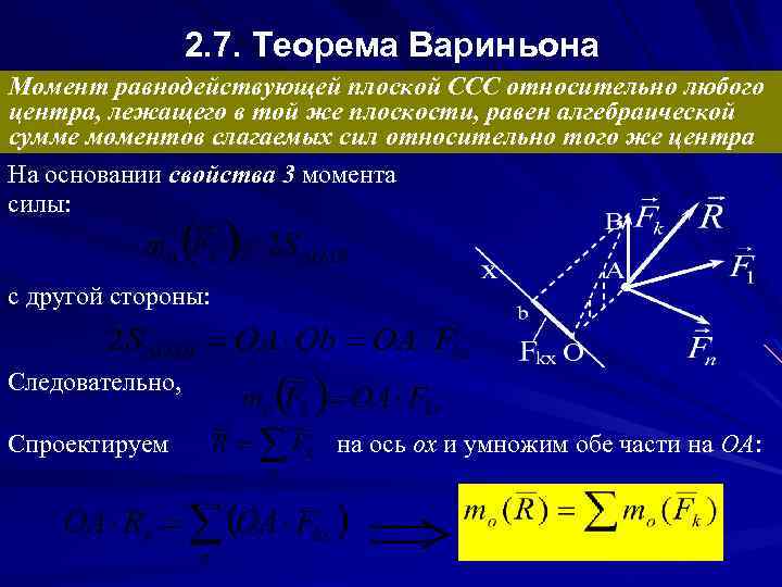 2. 7. Теорема Вариньона Момент равнодействующей плоской ССС относительно любого центра, лежащего в той