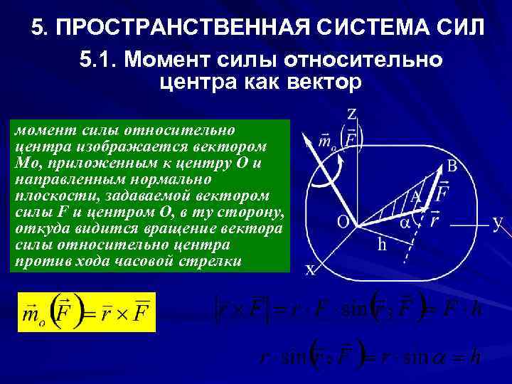 5. ПРОСТРАНСТВЕННАЯ СИСТЕМА СИЛ 5. 1. Момент силы относительно центра как вектор момент силы