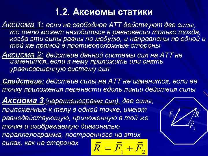 1. 2. Аксиомы статики Аксиома 1: если на свободное АТТ действуют две силы, то