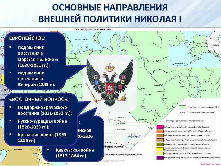 ОСНОВНЫЕ НАПРАВЛЕНИЯ ВНЕШНЕЙ ПОЛИТИКИ НИКОЛАЯ I ЕВРОПЕЙСКОЕ: § подавление восстания в Царстве Польском (1830