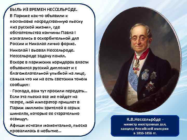 БЫЛЬ ИЗ ВРЕМЕН НЕССЕЛЬРОДЕ. КАРЛ ВАСИЛЬЕВИЧ В Париже как-то объявили к постановке посредственную пьеску