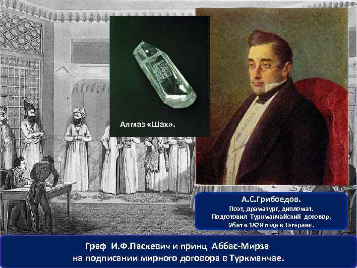 Алмаз «Шах» . А. С. Грибоедов. Поэт, драматург, дипломат. Подготовил Туркманчайский договор. Убит в