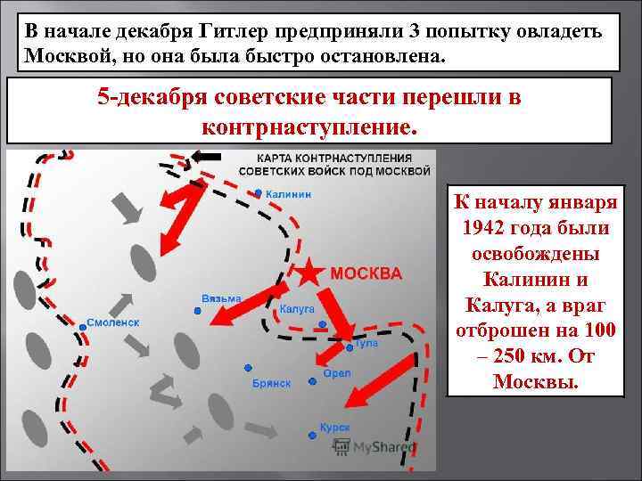 В начале декабря Гитлер предприняли 3 попытку овладеть Москвой, но она была быстро остановлена.