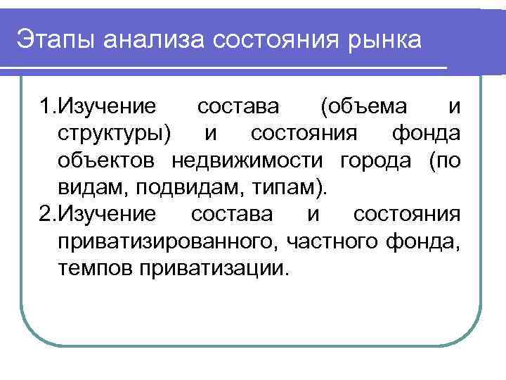 Этапы анализа состояния рынка 1. Изучение состава (объема и структуры) и состояния фонда объектов