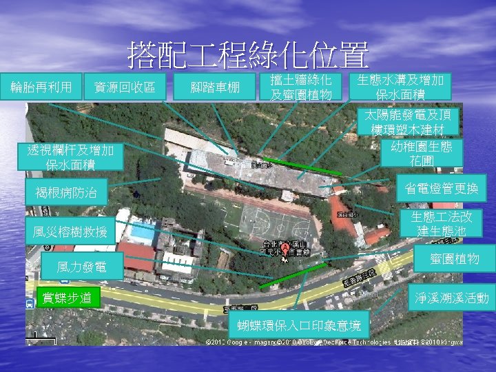 搭配 程綠化位置 輪胎再利用 資源回收區 腳踏車棚 擋土牆綠化 及蜜園植物 生態水溝及增加 保水面積 太陽能發電及頂 樓環塑木建材 幼稚園生態 花圃 透視欄杆及增加
