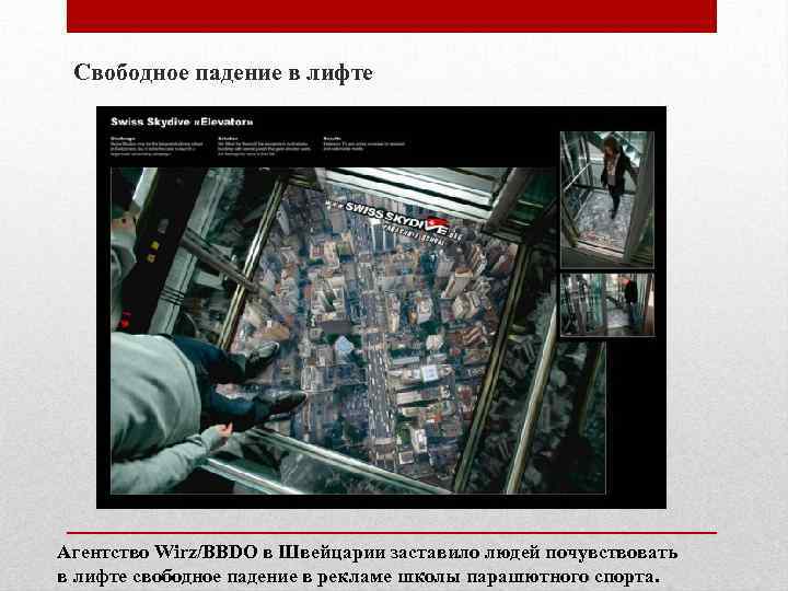 Свободное падение в лифте Агентство Wirz/BBDO в Швейцарии заставило людей почувствовать в лифте свободное