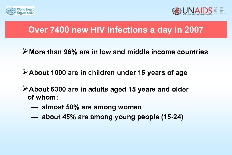 Over 7400 new HIV infections a day in 2007 ØMore than 96% are in