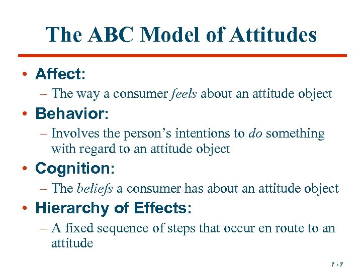 The ABC Model of Attitudes • Affect: – The way a consumer feels about