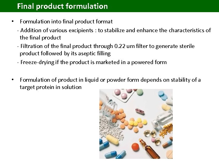 Final product formulation • Formulation into final product format - Addition of various excipients