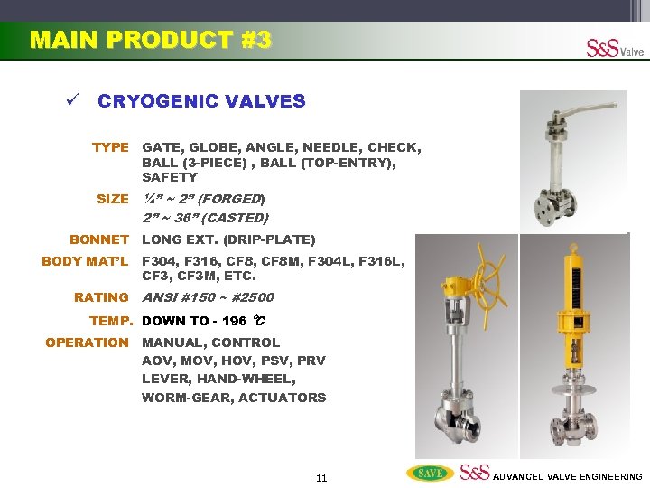 MAIN PRODUCT #3 ü CRYOGENIC VALVES TYPE SIZE BONNET BODY MAT’L RATING GATE, GLOBE,