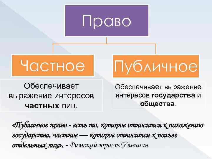 Право Частное Обеспечивает выражение интересов частных лиц. Публичное Обеспечивает выражение интересов государства и общества.