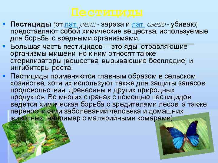 Пестициды § Пестициды (от лат. pestis - зараза и лат. caedo - убиваю) представляют