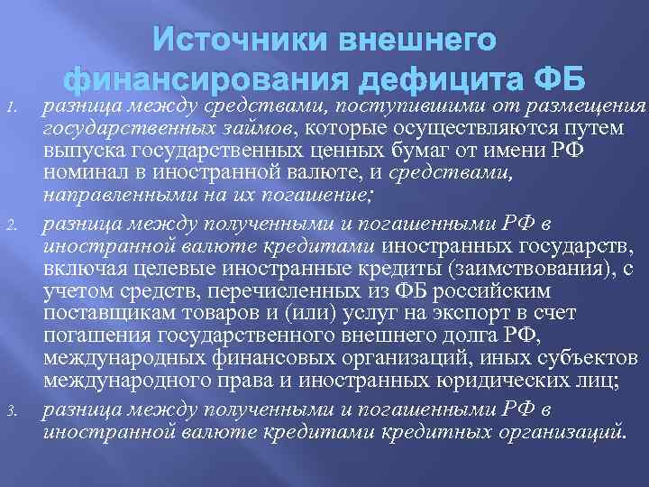 Источники внешнего финансирования дефицита ФБ 1. 2. 3. разница между средствами, поступившими от размещения