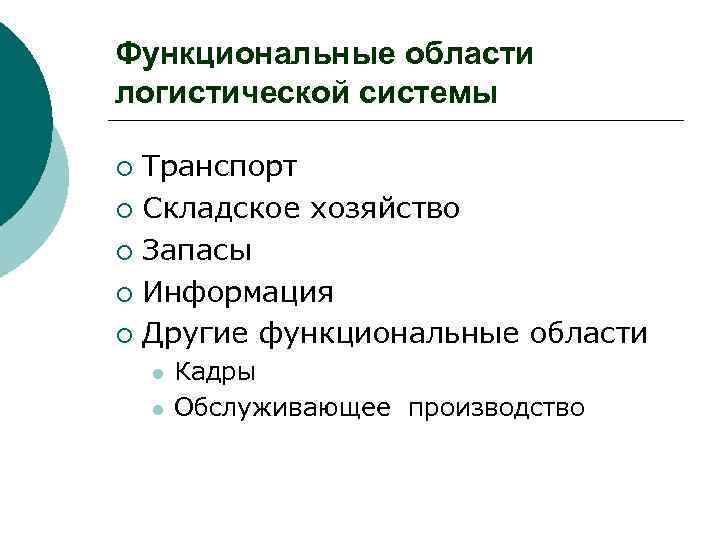 Функциональные области логистической системы Транспорт ¡ Складское хозяйство ¡ Запасы ¡ Информация ¡ Другие