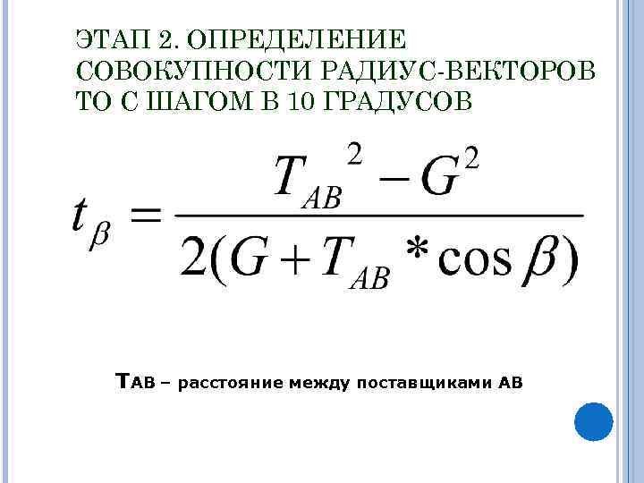 ЭТАП 2. ОПРЕДЕЛЕНИЕ СОВОКУПНОСТИ РАДИУС-ВЕКТОРОВ ТО С ШАГОМ В 10 ГРАДУСОВ ТАВ – расстояние