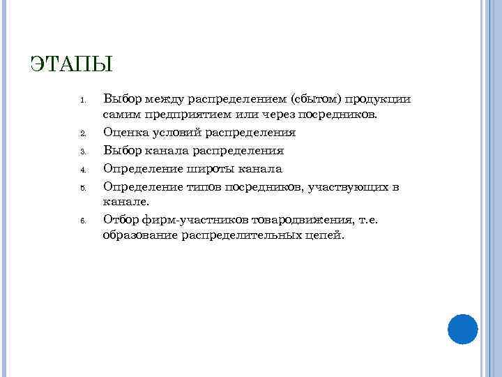 ЭТАПЫ 1. 2. 3. 4. 5. 6. Выбор между распределением (сбытом) продукции самим предприятием