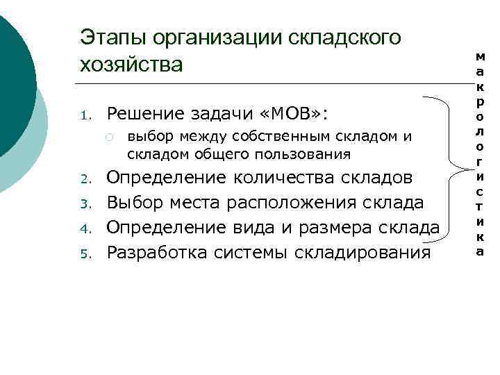 Этапы организации складского хозяйства 1. Решение задачи «МОВ» : ¡ 2. 3. 4. 5.