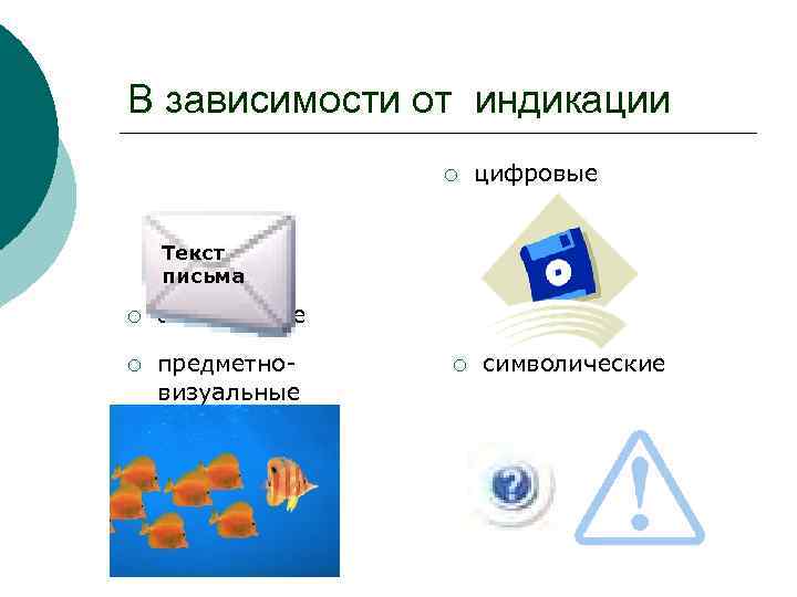 В зависимости от индикации ¡ цифровые Текст письма ¡ алфавитные ¡ предметновизуальные ¡ символические