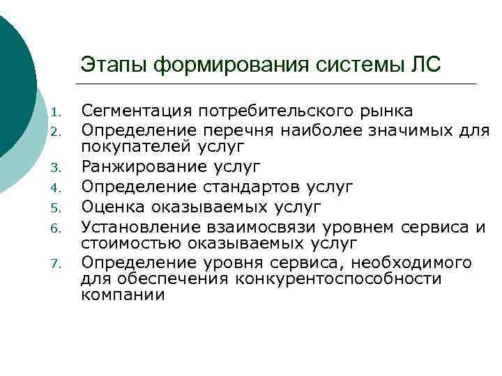 Этапы формирования системы ЛС 1. 2. 3. 4. 5. 6. 7. Сегментация потребительского рынка