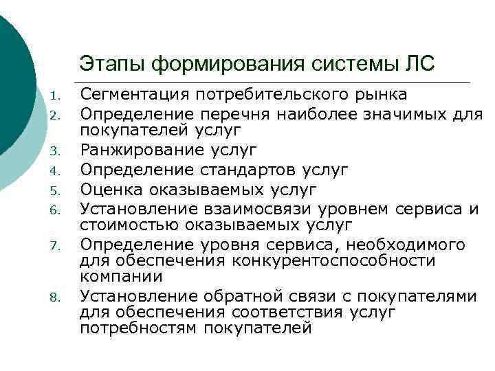 Этапы формирования системы ЛС 1. 2. 3. 4. 5. 6. 7. 8. Сегментация потребительского