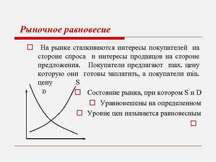  Рыночное равновесие o На рынке сталкиваются интересы покупателей на стороне спроса и интересы