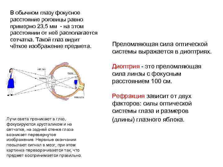 Зрение расстояние. Оптическая система глаза диоптрии. Преломляющая сила оптической системы глаза. Преломляющая сила роговицы равна. Фокусное расстояние глаза.