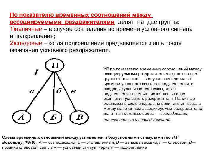 По показателю временных соотношений между ассоциируемыми раздражителями делят на две группы: 1)наличные – в