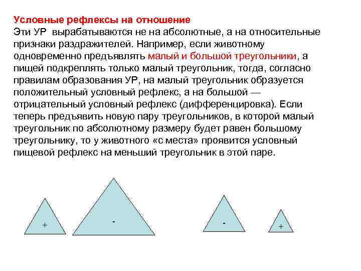 Условные рефлексы на отношение Эти УР вырабатываются не на абсолютные, а на относительные признаки