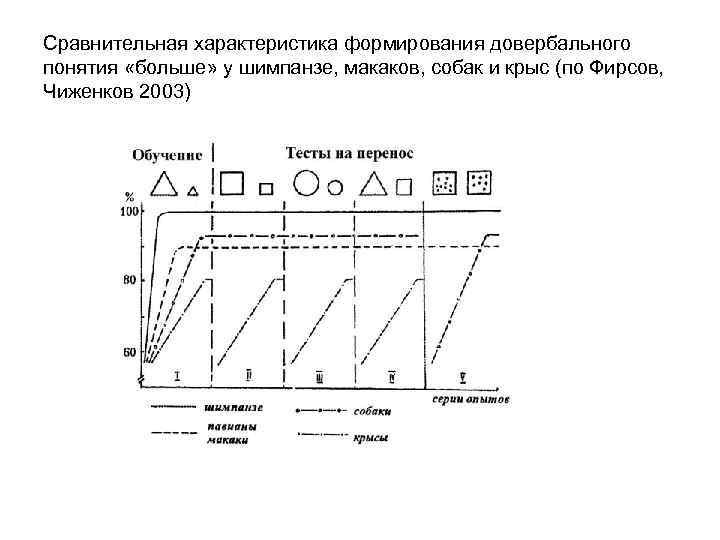 Сравнительная характеристика формирования довербального понятия «больше» у шимпанзе, макаков, собак и крыс (по Фирсов,