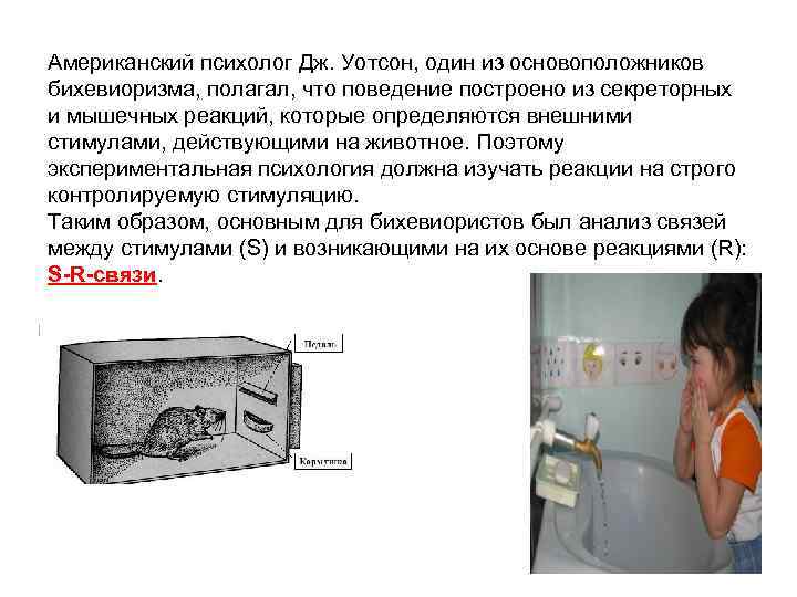 Американский психолог Дж. Уотсон, один из основоположников бихевиоризма, полагал, что поведение построено из секреторных