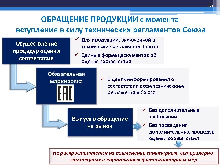 45 ОБРАЩЕНИЕ ПРОДУКЦИИ с момента вступления в силу технических регламентов Союза Осуществление процедур оценки